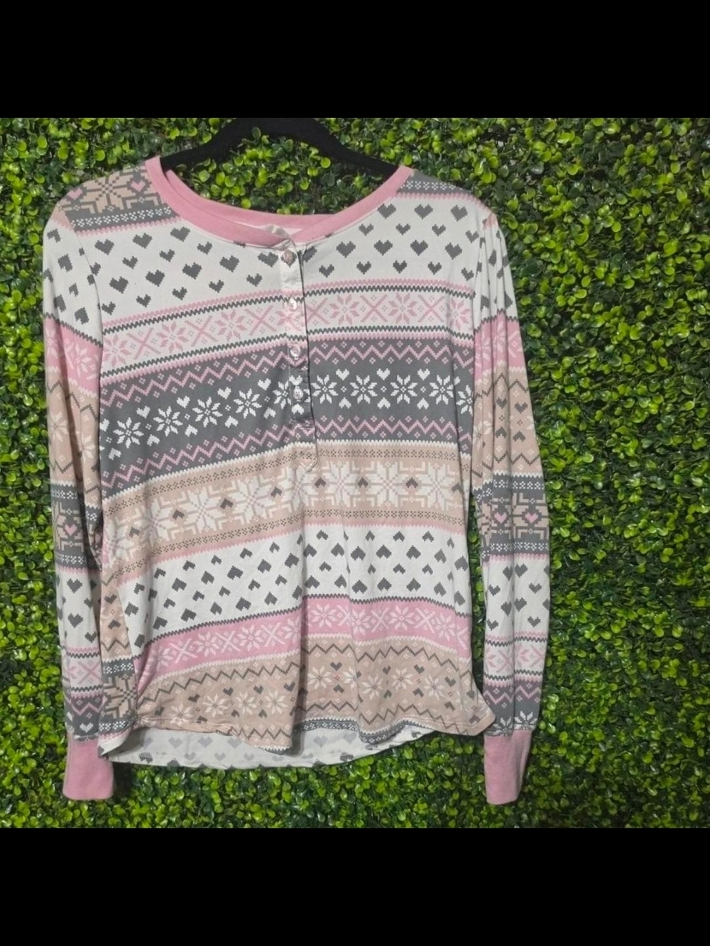 Secret Treasures Pink and Gray Fair Isle Long Sleeve Top